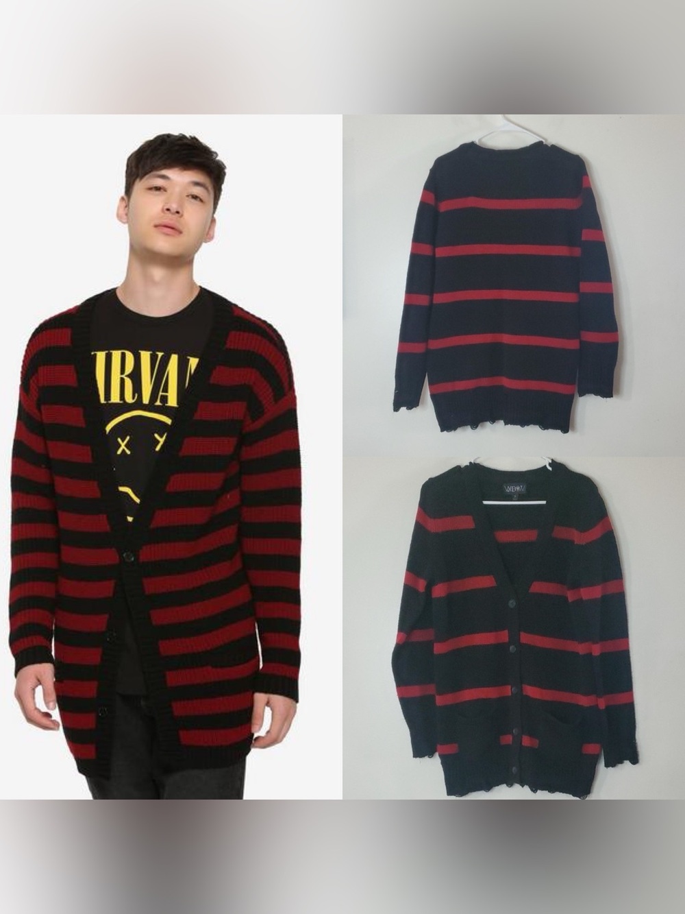 DK Widow Black & Red Stripe Button Down Cardigan Oversized Distress Cardigan